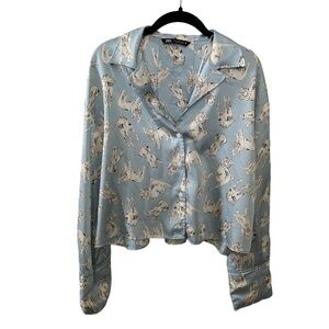 Zara Satin Dog Print Crop Button Down Shirt